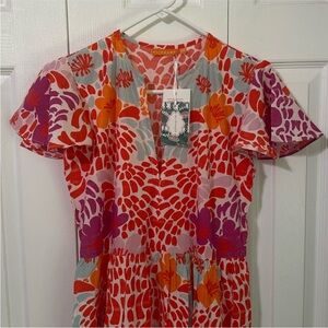 Oliphant Dress NWT XS Women’s V Neck Maxi Antigua Orange Purple Flutter sleeves